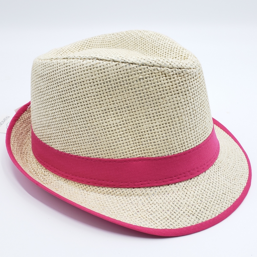 Stylish Straw Fedora Hat w/Pink Band & Rim Line